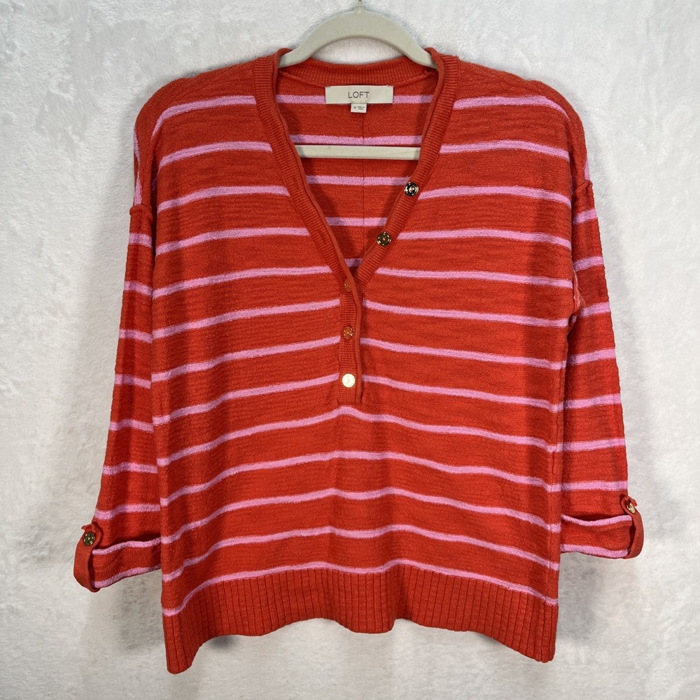 LOFT Vneck Striped Sweater Top Womens Medium Roll Tab Sleeve Orange Pink